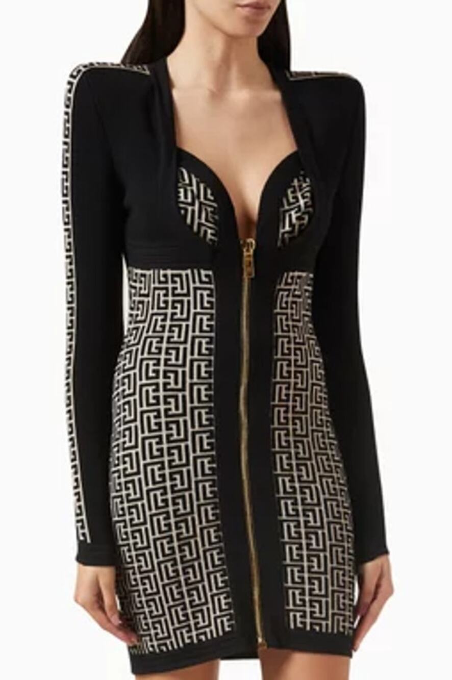 Balmain Paris Monogrammed Bodycon Knitted Mini Dress Black Size 38